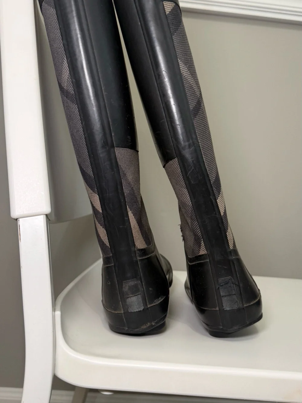 Burberry Black and Beige Plaid Over-the-Knee Rain Boots